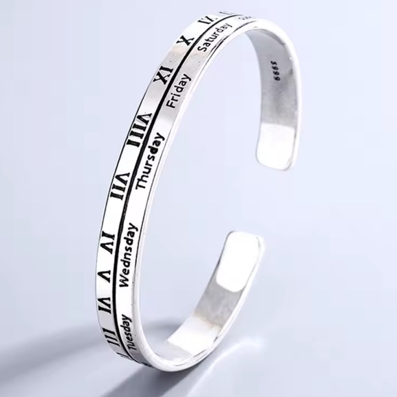 Sterling Silver Roman Numeral Bangle Cuff Bracelet - Picture 4 of 14